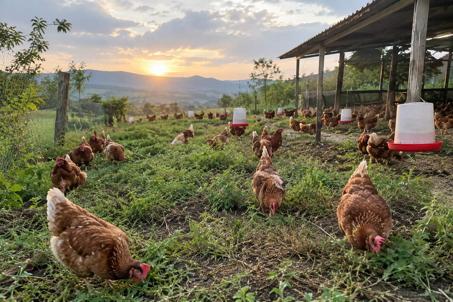 Gallinas en pastoreo al atardecer en una granja avícola colombiana